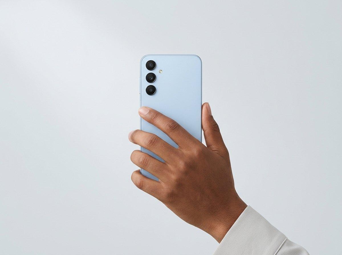 Samsung Galaxy A17 4G in Light Blue, held in one hand