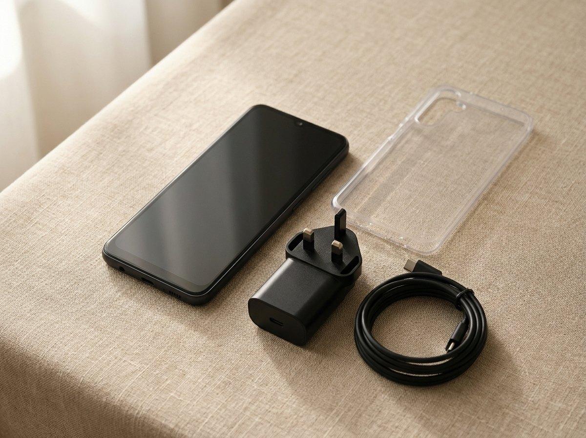 Samsung Galaxy A26 5G in Black, on a desk with accessories