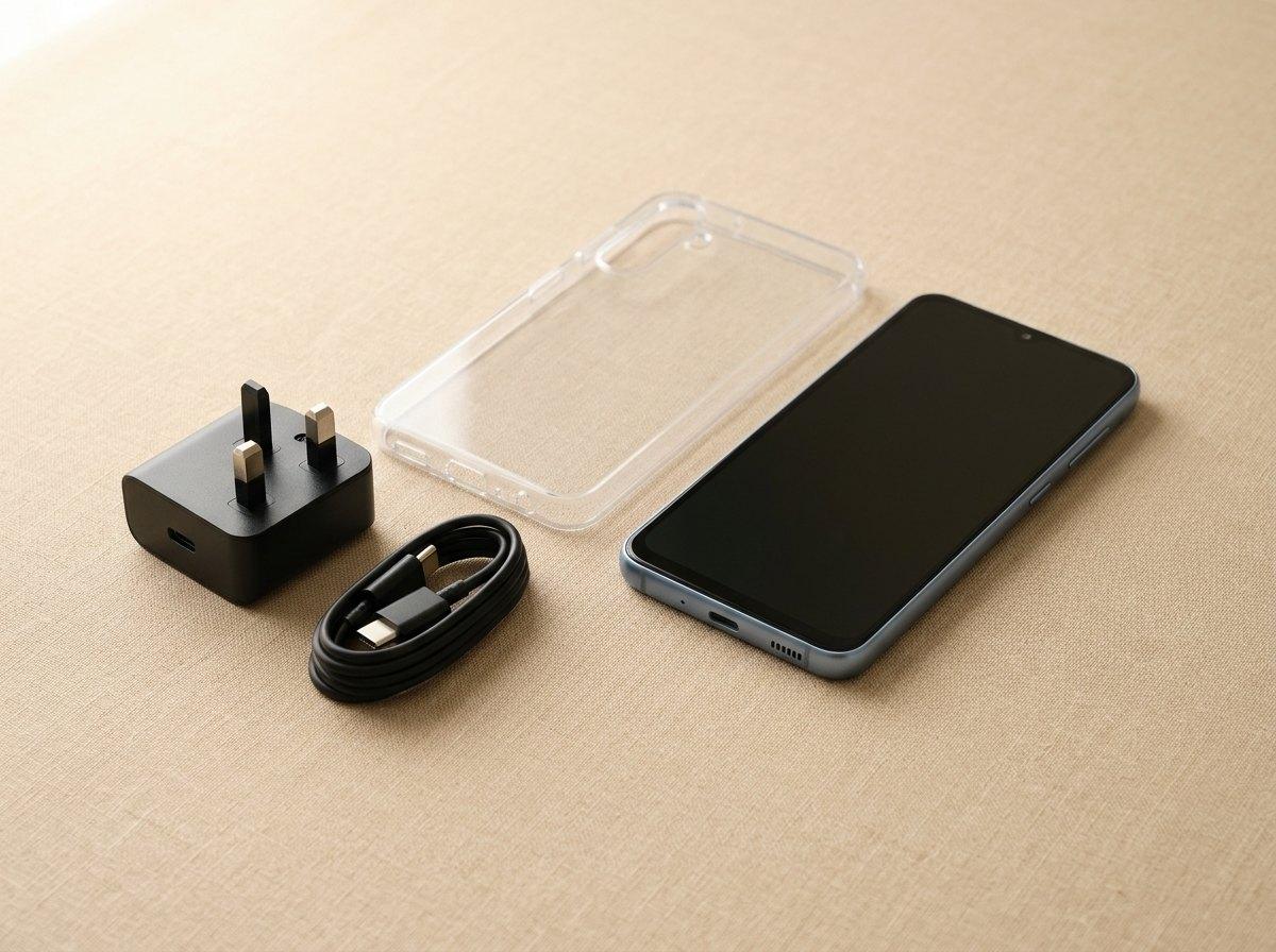 Samsung Galaxy A27 5G in Blue, on a desk with accessories