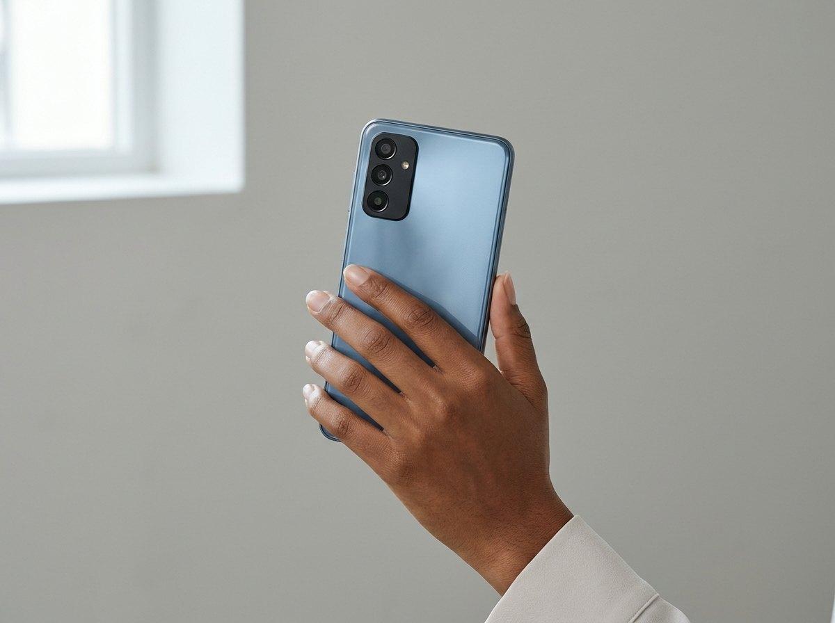 Samsung Galaxy A27 5G in Blue, held in one hand