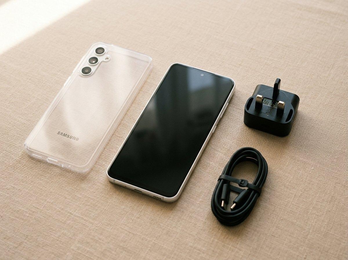Samsung Galaxy A36 5G in White, on a desk with accessories