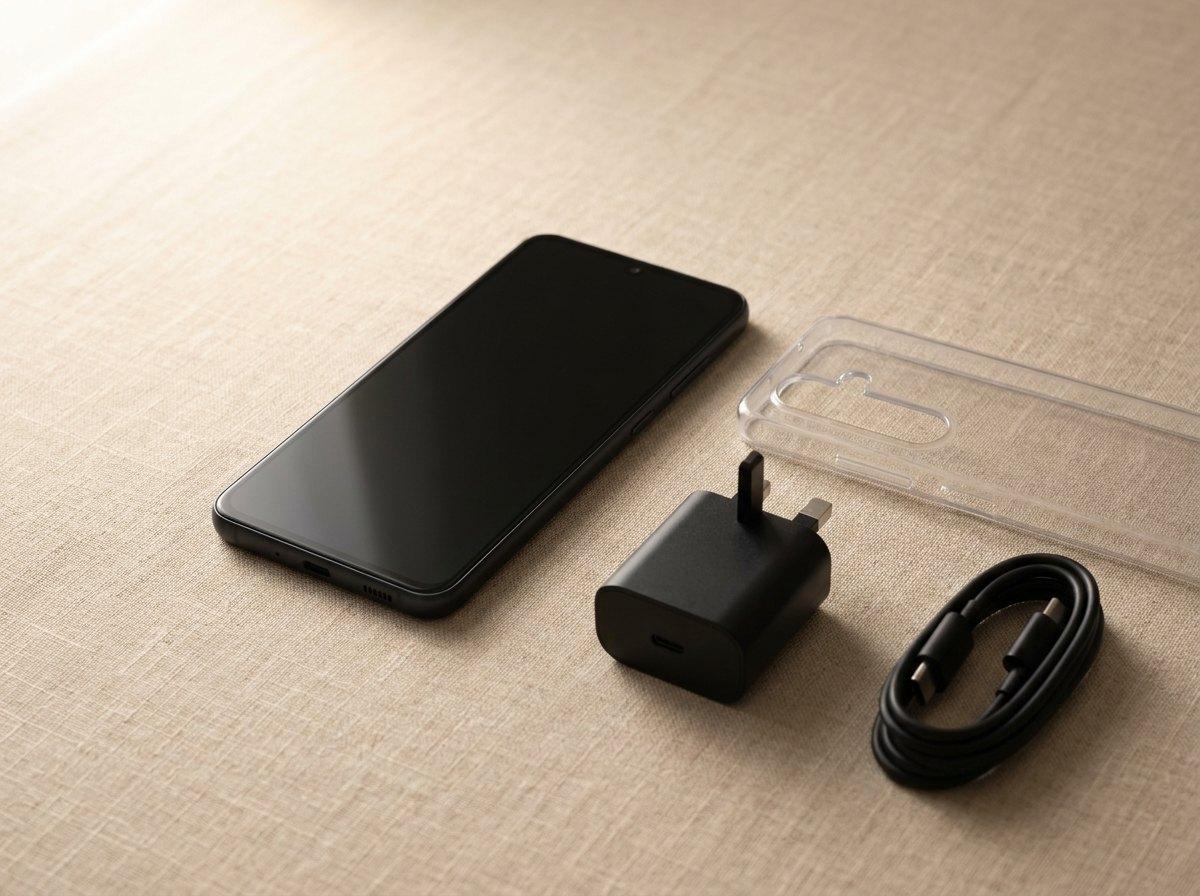 Samsung Galaxy A37 5G in Charcoal, on a desk with accessories