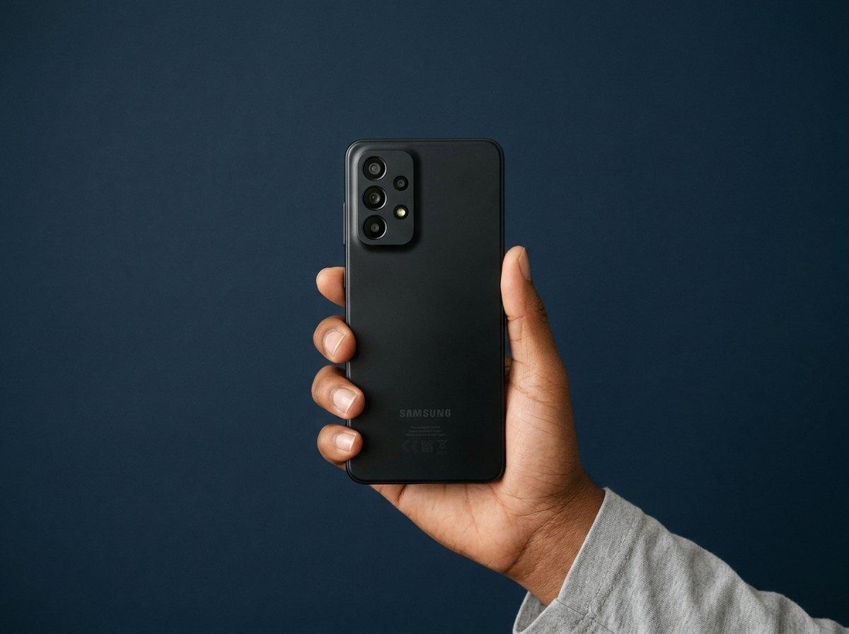 Samsung Galaxy A37 5G in Charcoal, held in one hand