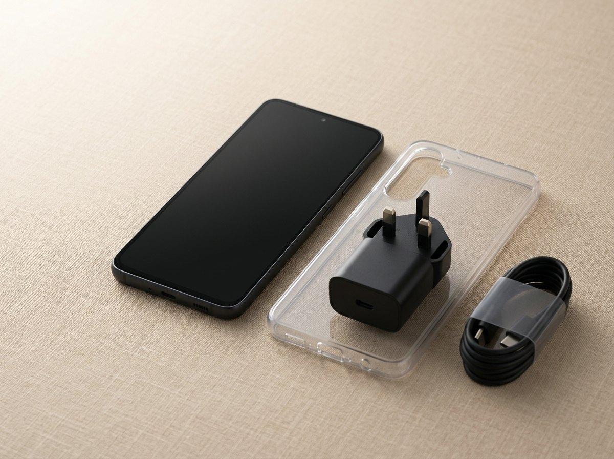 Samsung Galaxy A56 5G in Graphite, on a desk with accessories