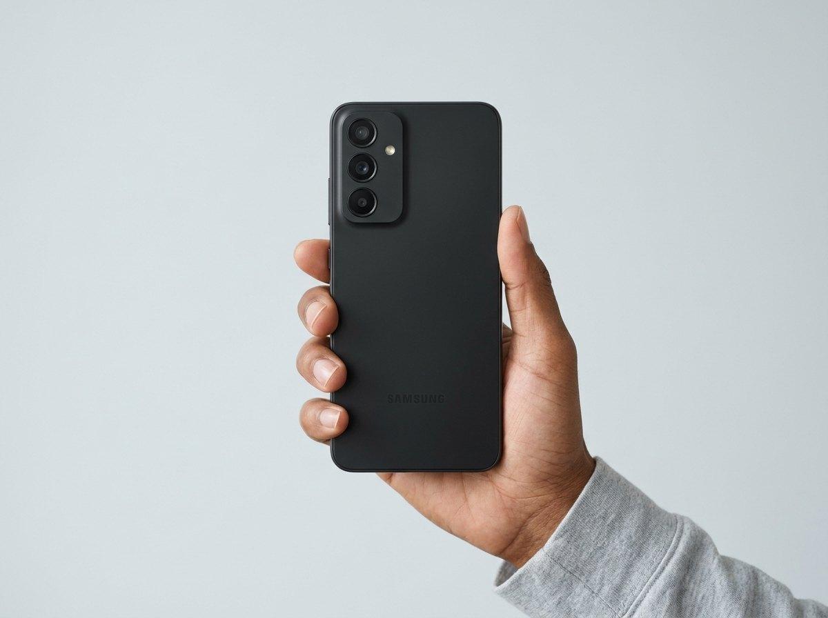 Samsung Galaxy A56 5G in Graphite, held in one hand