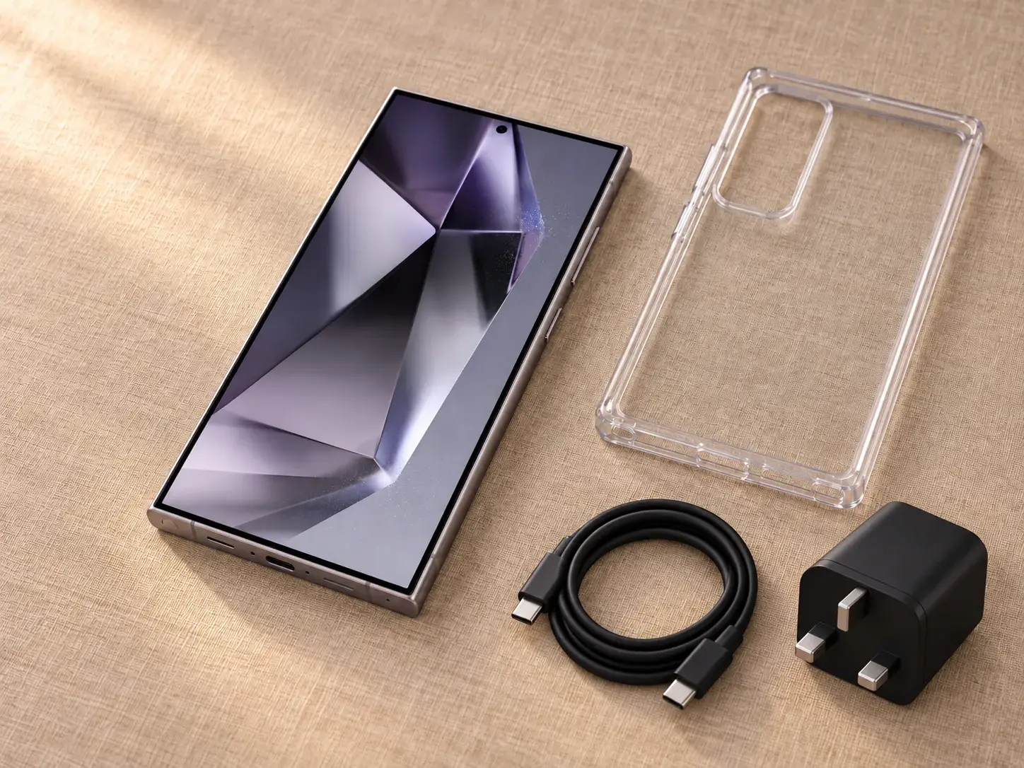 Samsung Galaxy S24 Ultra in Titanium Violet, on a desk with accessories